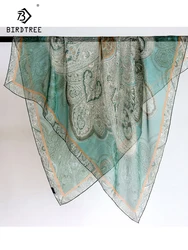 BirdTree 100%Real Silk Chiffon Scarf, Vintage Floral Print, Mom's Gift Elegant Kerchief, 2024 Spring New Gentle Shawl A41518QC