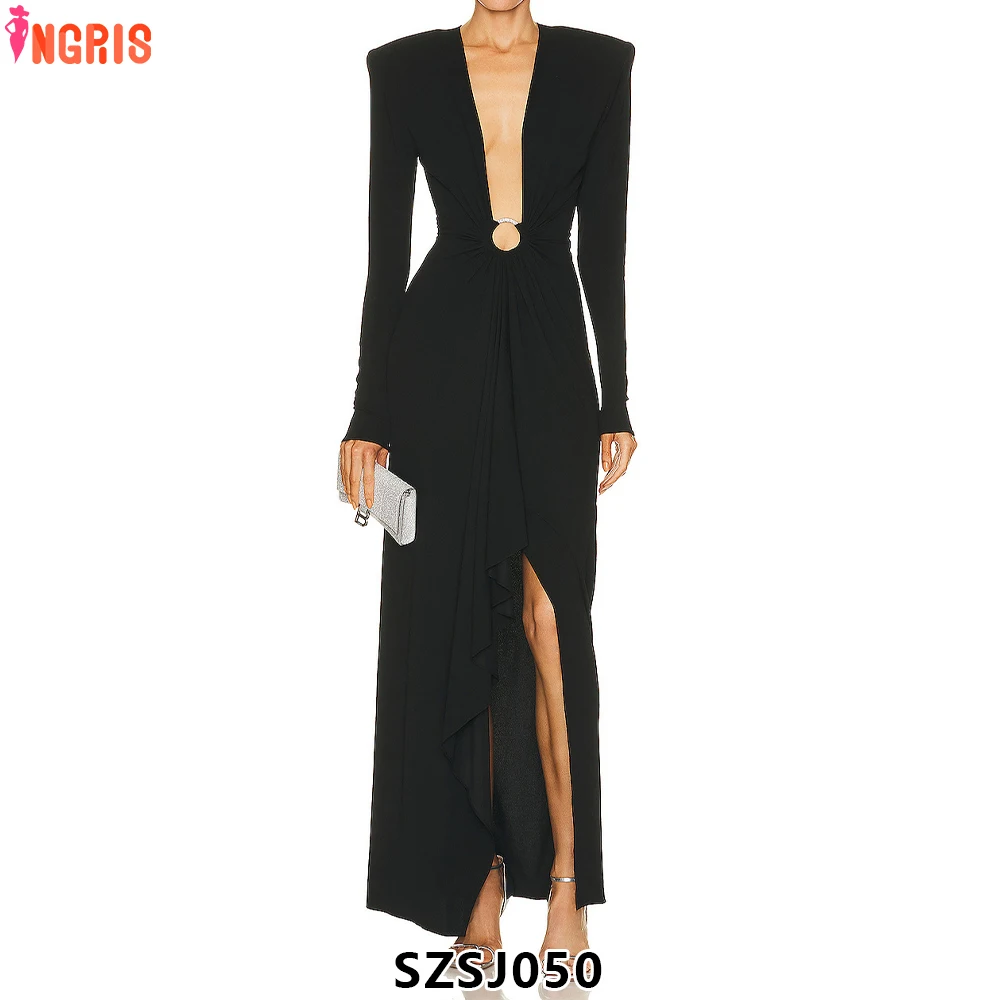

Long Dress for Women Elegant Deep V Neck Sexy Party Dress Maxi High Slit Long Sleeve Dress-SZSJ050