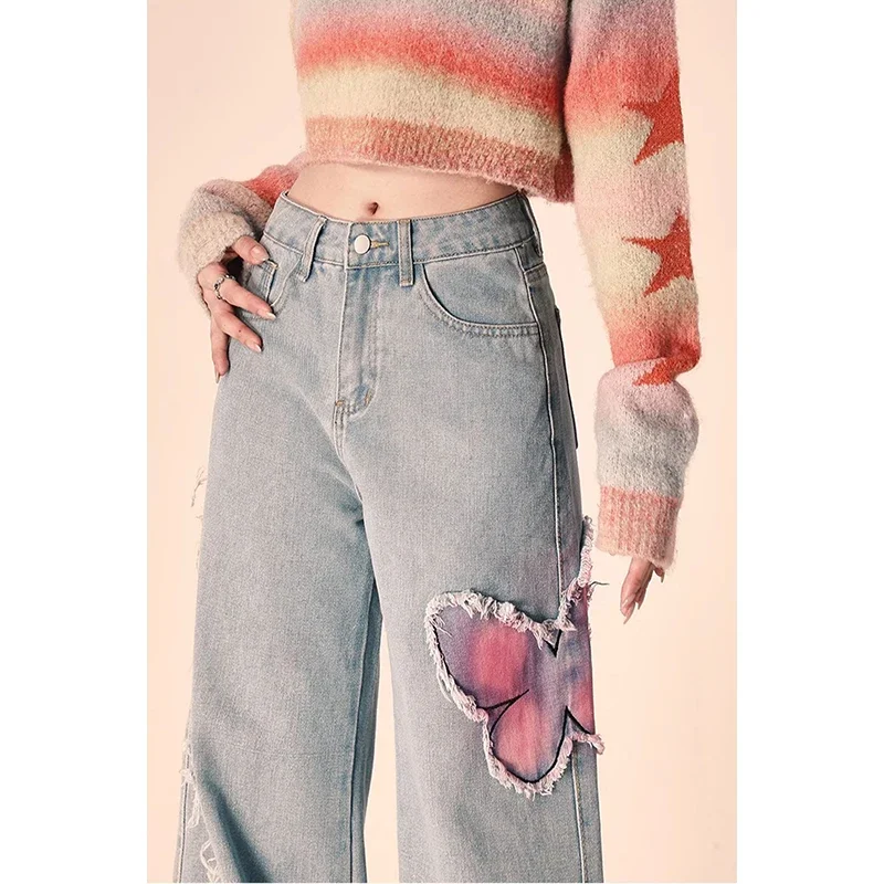 

Blue Women Jeans High Street Vintage Straight Pants Streetwear Y2K Embroidery HarajukuFashion Female Wide Leg Denim Trouser