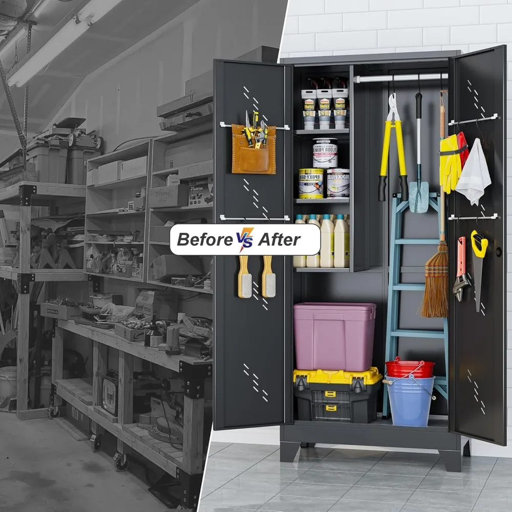 収納キャビネット、高さ75インチ x 幅33.8インチ x 奥行き16.5インチ、ロック付き扉付き大型ガレージキャビネット、広々としたスペース付きメタルキッチンパントリー
