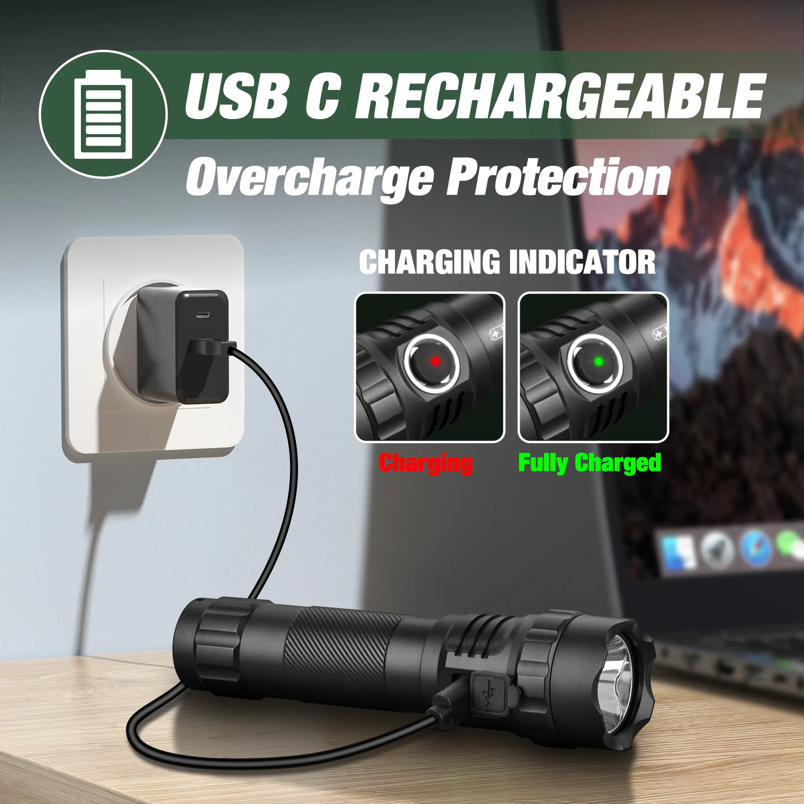 UltraFire UF3 EDC Flashlight 1200LM High Power LED Torch Light USB C Rechargeable Tactical Portable Lantern with Power Indicator