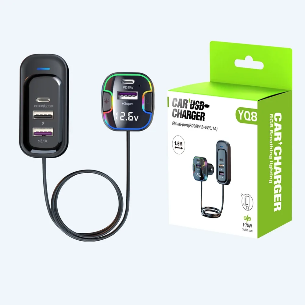 Carregador rápido para carro, adaptador USB de 5 portas com cabo de extensão traseira, carregador multidispositivo para telefones e eletrônicos no caminhão do carro