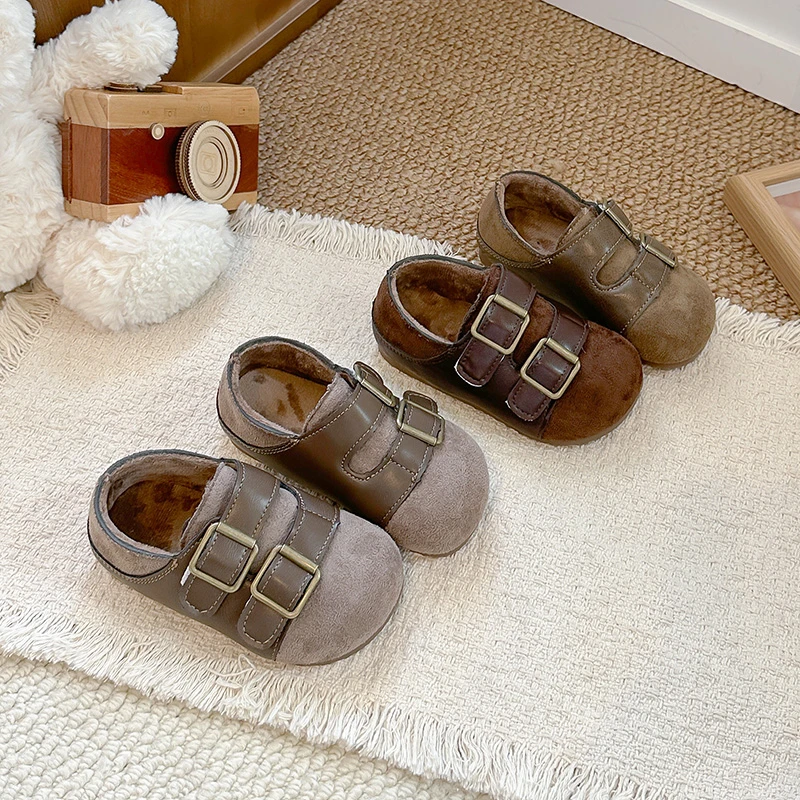 Unisex Toddler Fleece‑Lined Winter Shoes, Dual Antique‑Metal Buckle Color‑Block Suede‑Look Toe Soft Flat Kids Shoes