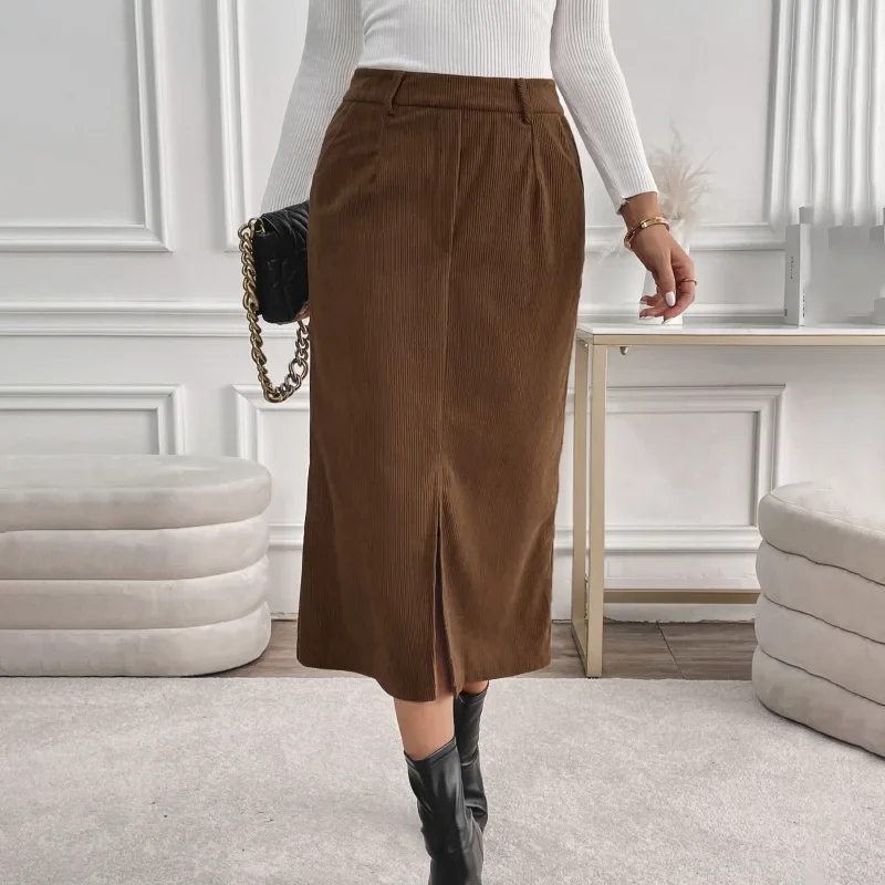 Women's New Fashion Solid Color Corduroy High Waist Leg Lengthening Minimalist Elegant Comfort Casual Elegant Commute Midi Skirt