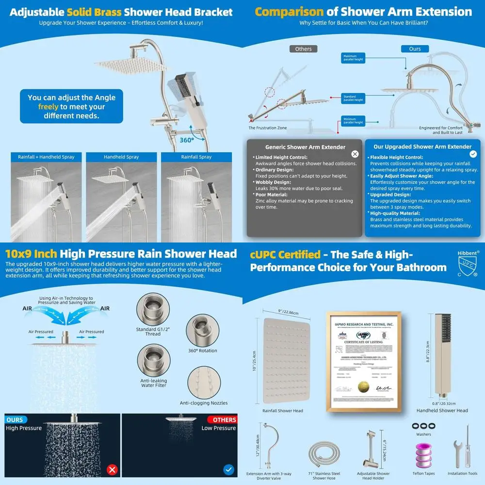 10 Inch High-Pressure Rainfall Shower Head Combo with Handheld Wand, 12 Inch Extension Arm, 4 Spray Settings, 71 Inch Hose, Brus