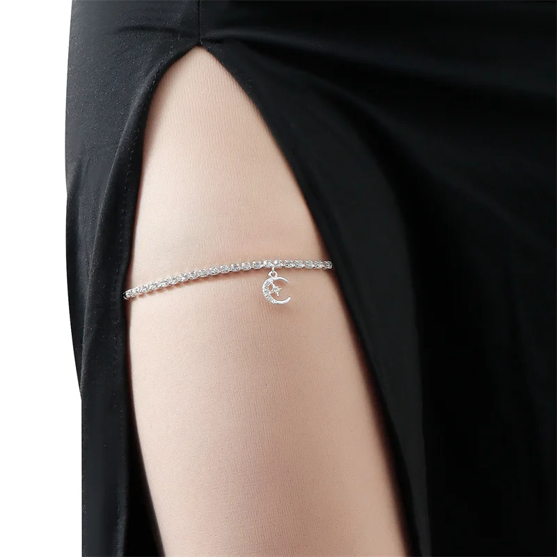 Minimalist Inlaid Rhinestone Chain Leg Link Black Elastic Band Crescent Shape Pendant For Women Girl Fashion Jewelry Accessories