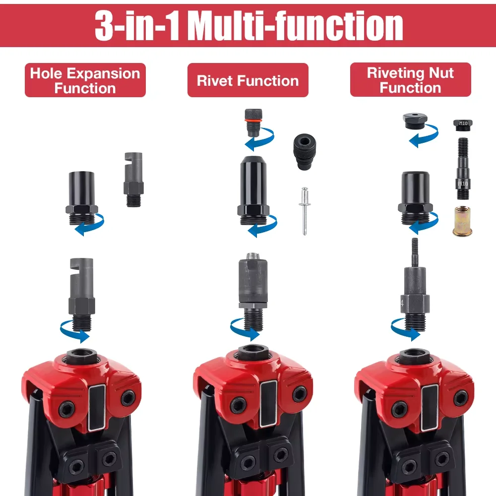 3-in-1 Rivet Gun Rivet Nut Gun Reamer Set with Tool Bag, 2.4-6.4mm Rivet Head/M3-M10 Rivet Nut Mandrel, Home Cordless Rivet Gun