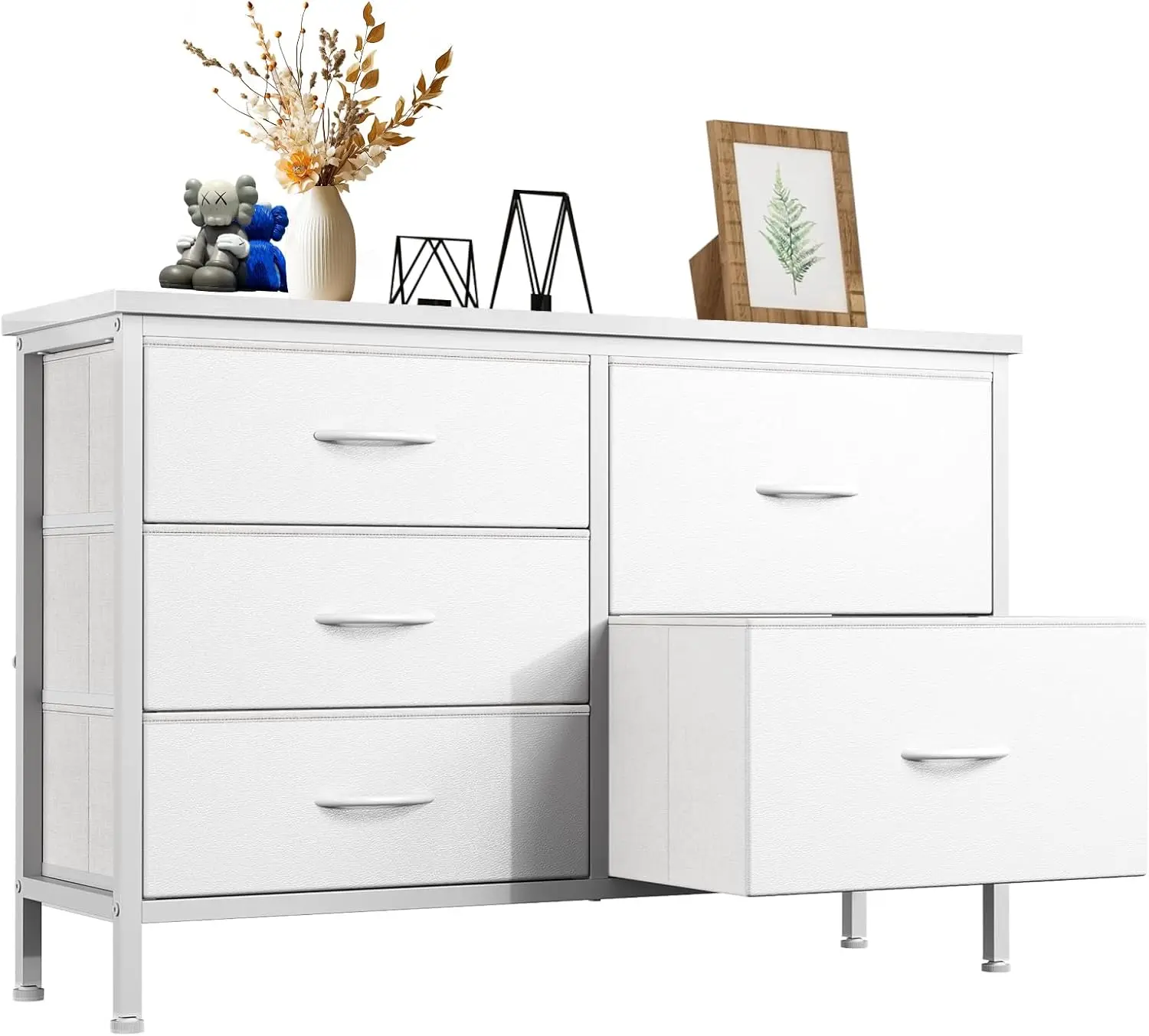 

White Fabric Dresser with 5 Drawers, Metal Frame Storage Organizer for Bedroom and Living Room