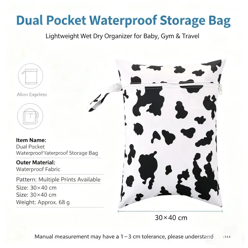 Large Size 40x30cm Baby Diaper Bag Double Pocket Waterproof Colorful Zipper Storage Pouch Large Capacity Hanging Wet Dry Bag