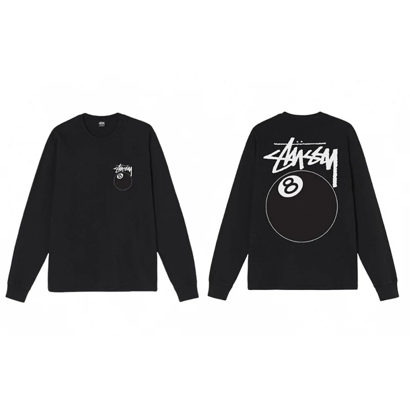 الربيع والخريف STUSSY 8 النمط الأمريكي الموضة الكلاسيكية بسيطة فضفاضة طويلة الأكمام القطن تي شيرت رجل أسود ثمانية تيز