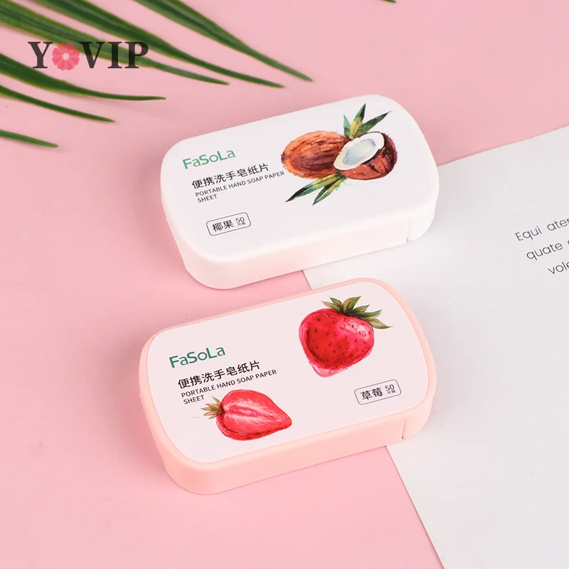 50Pc/Box Disposable Strawberry Coconut Scented Slice Paper Cleaning Soap Washing Hand Portable Aromatic Soap Paper Body Cleanser