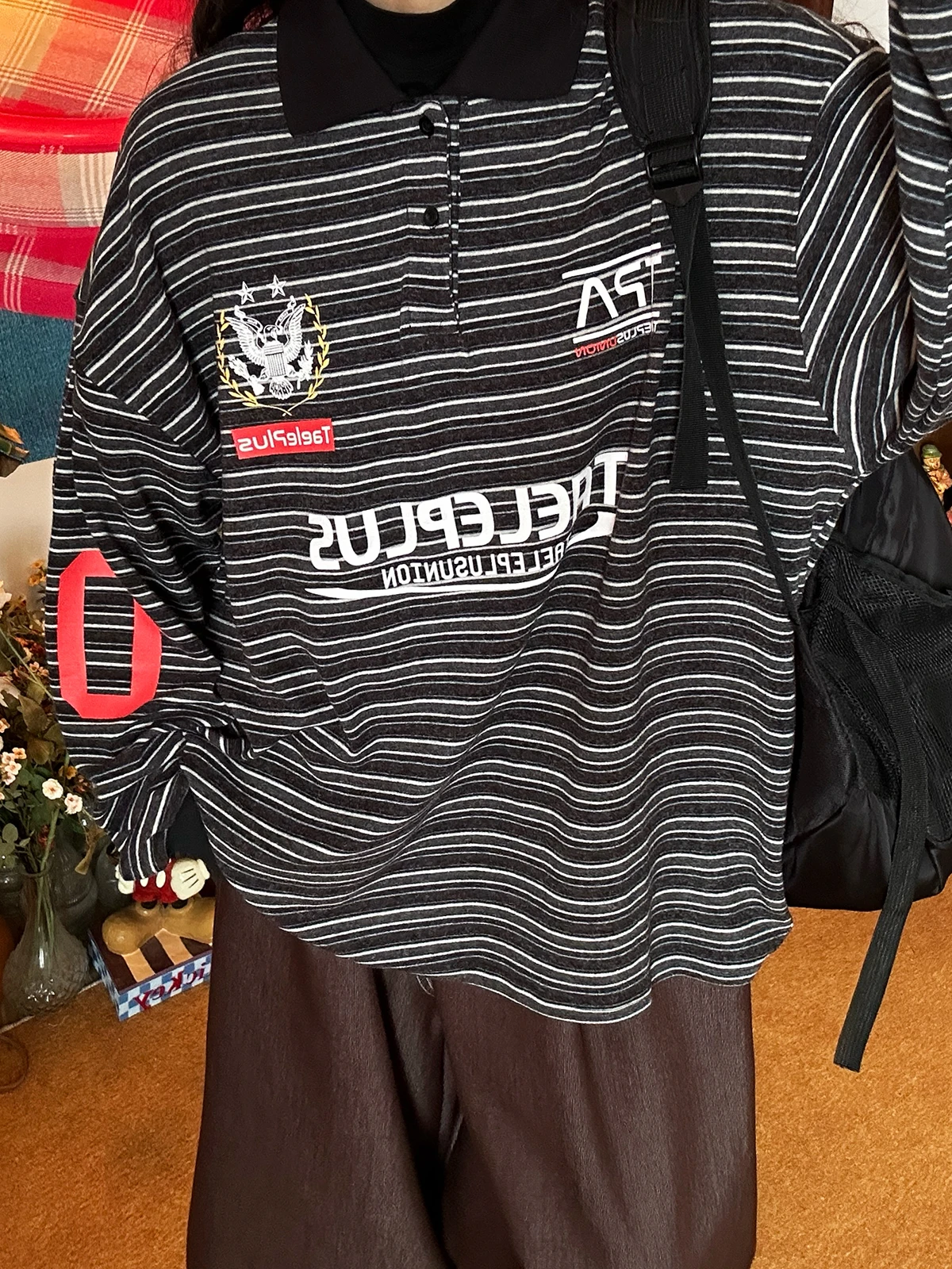 

American Motorcycle Sle Striped irt Spring New Loose Long Sve Men's Printed Bae Casual Top for ex