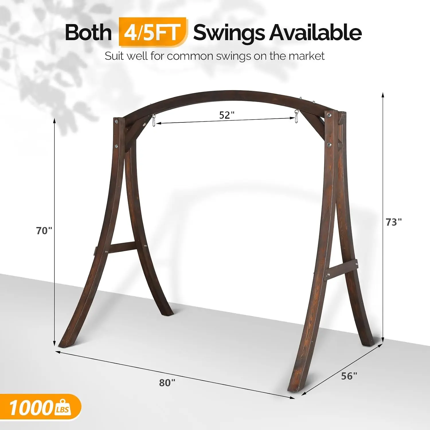 4FT Wooden Porch Swing with Frame, Heavy Duty 880 LBS Hanging Bench with Chains for Outdoors Courtyard Garden, Customized