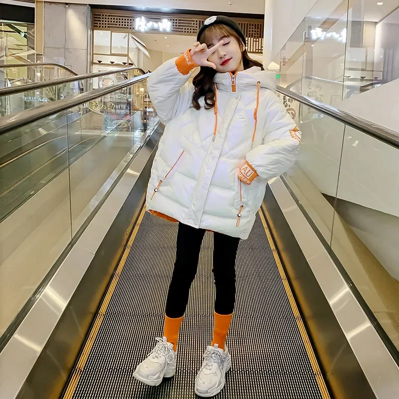 Girls Clothes Fashion Down Cotton Jacket Winter Thick Warm Letter Print Coat Children's Clothing Med-length Hooded Tops 4-14 Yrs