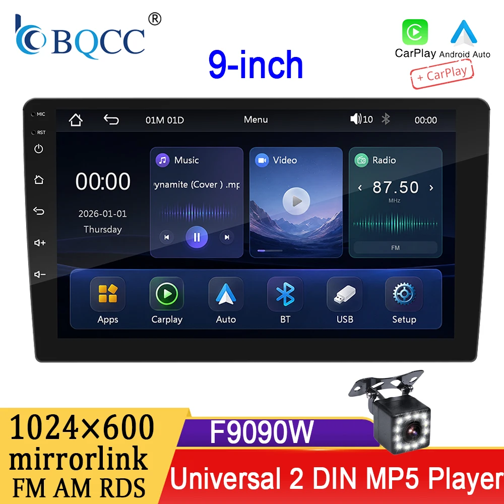 BQCC 2 Din 9 Inch Universal MP5 Car Radio FM AM RDS Mirror Link Bluetooth Wired Wireless CarPlay Android Auto Multimedia Player