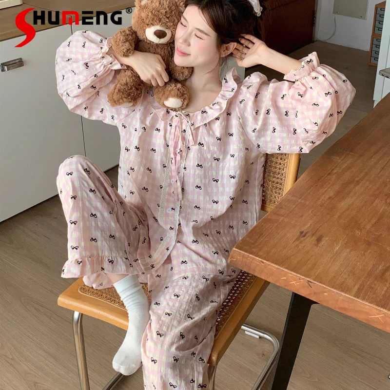 

Japanese Style Plaid Pajamas for Women Spring Autumn Sweet Cute Doll Collar Loungewear Female Butterfly Pure Cotton Homewear Set