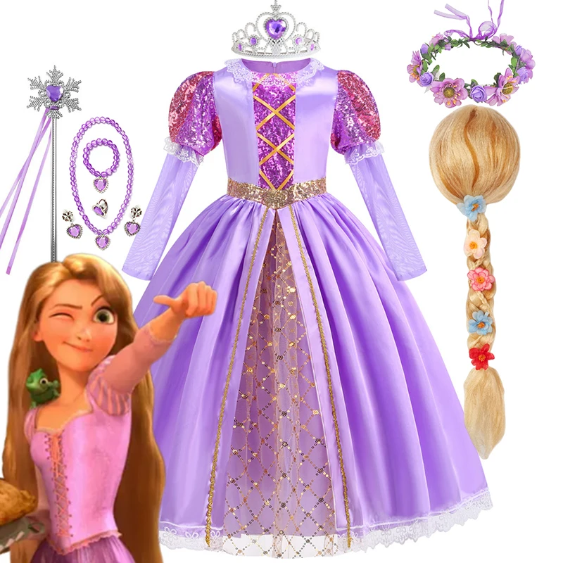 Disney Girls Cosplay Rapunzel Princess Dress for Kids Halloween Tangled Costume Birthday Party Purple Sequins Mesh Bow Clothes