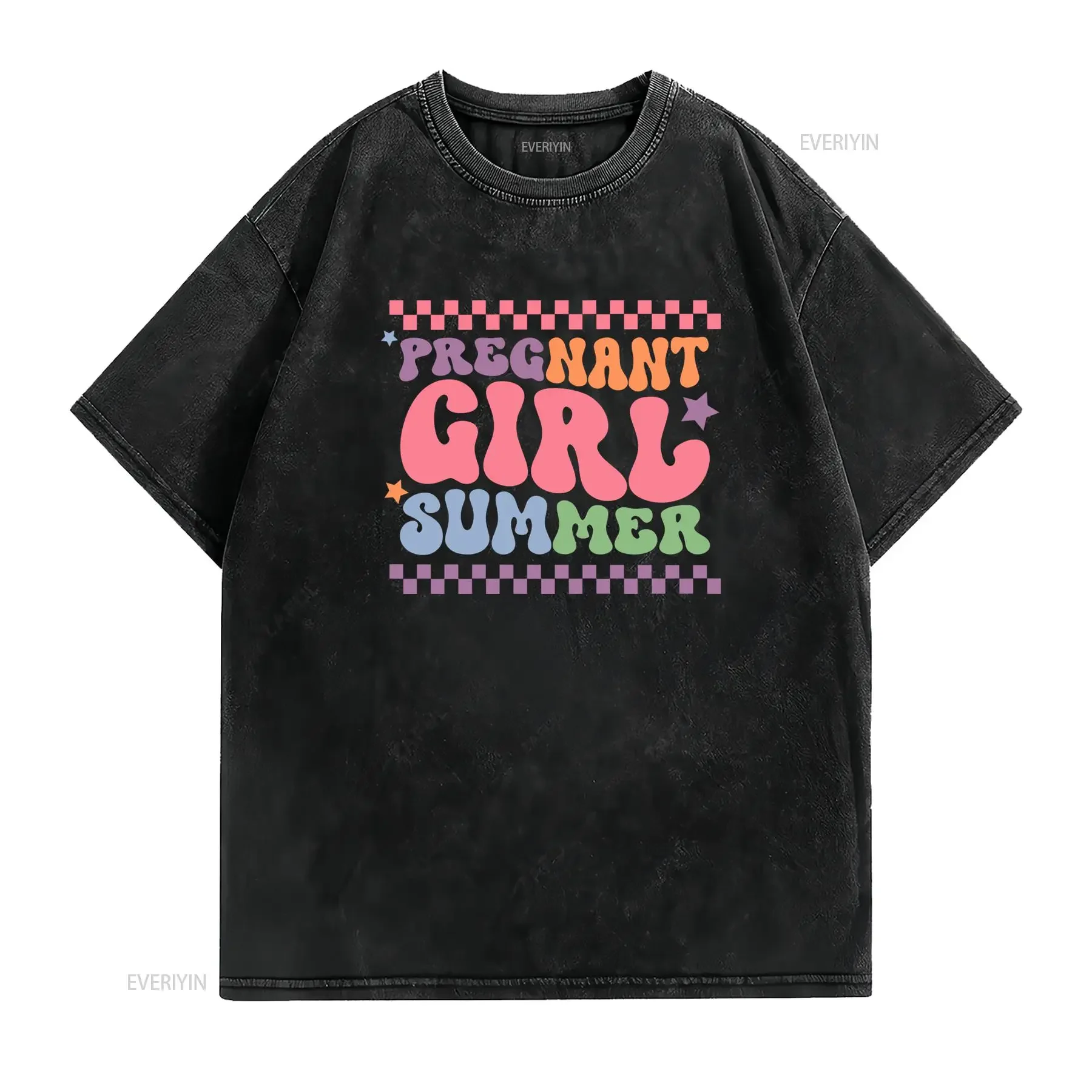 Retro Groovy Pregnant Girl Summer Colorful Slogan Checkered Star Print Casual T Shirt vintage Washed Soft Versatile Stylish