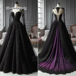 Purple And Black Gothic Wedding Dresses Long Sleeves Illusion Back Pleats A-Line Long Vintage Bridal Gown Court Train Customized