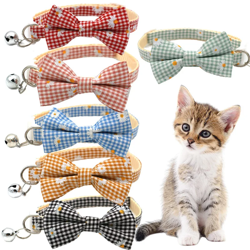 Pet Breakaway Cat Collar Daisy Plaid Flower Floral Bow Tie Christmas Adjustable Dog Collar with Sash Small Bell for Cats