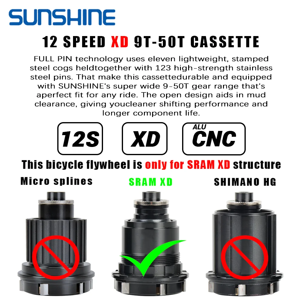 SUNSHINE XD Cassette K7 12 Speed 50T Ultralight MTB Cassette 12V Sprocket for Sram XD