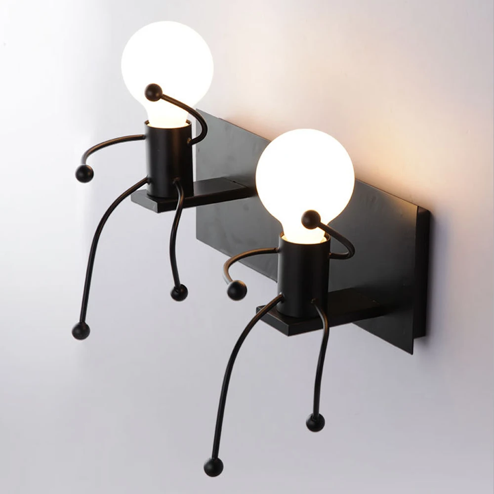 Humanoid Creative Wall Light Modern Simple Little Man Bedside Lamp Sconce E27 Indoor Hanging Lighting for Children Bedroom Decor