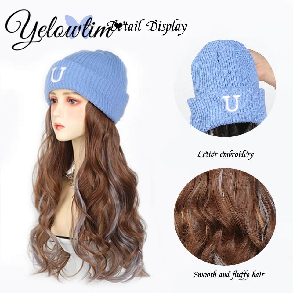 Hat Wig Beanies Hat With Hair Wigs For Women Synthetic Long Wavy Hair Warm Soft Ski Knitted Autumn Winter Cap Heat Resistant