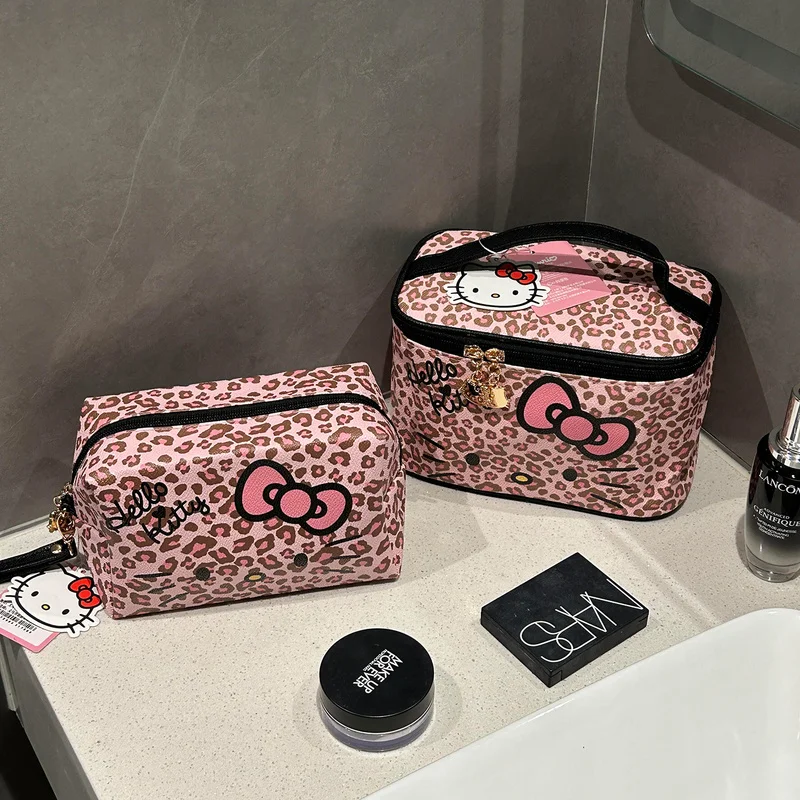 

100% натуральная косметичка с леопардовым принтом Hello Kitty, большая вместимость, портативный дорожный органайзер для туалетных принадлежностей, милая косметичка для женщин