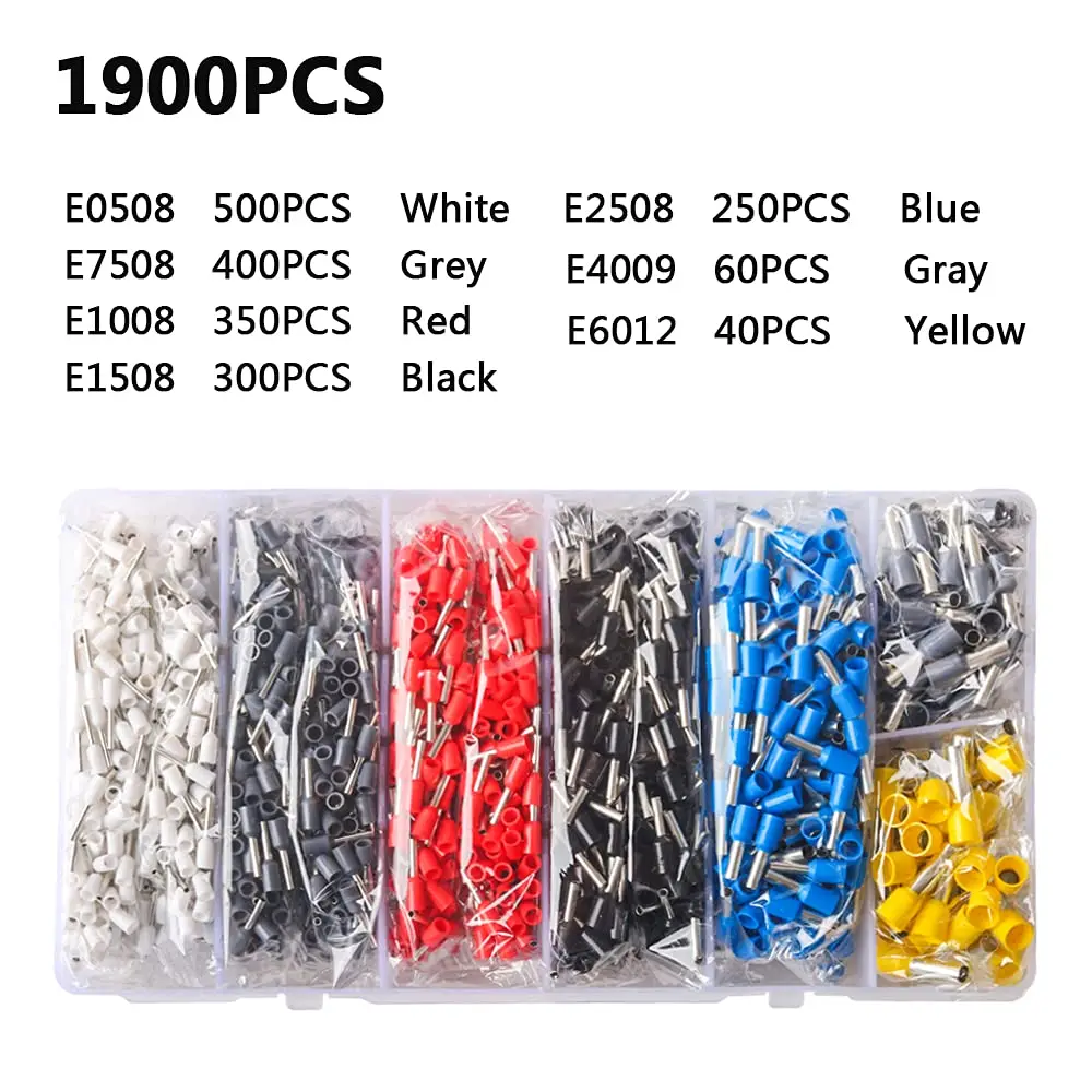 

1900 шт. набор зажимов для проводов, стандартный комплект обжимных зажимов для проводов, концевые зажимы для проводов AWG 22-10