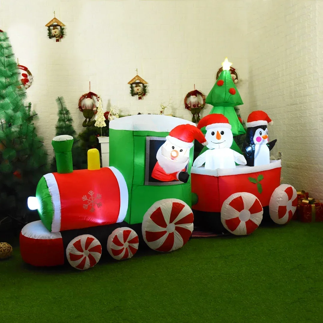 Decoração de natal trem inflável papai noel boneco de neve comprimento 8.8ft brinquedos infláveis com luzes led ornamento de jardim ao ar livre