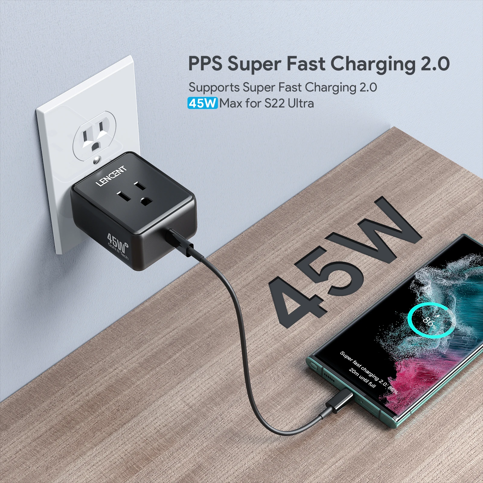 LENCENT 45W GaN3 Super Fast Charger with 1AC Outlet PPS USB C  6.6ft Cable Charger for Samsung Galaxy,Tablets, Laptops