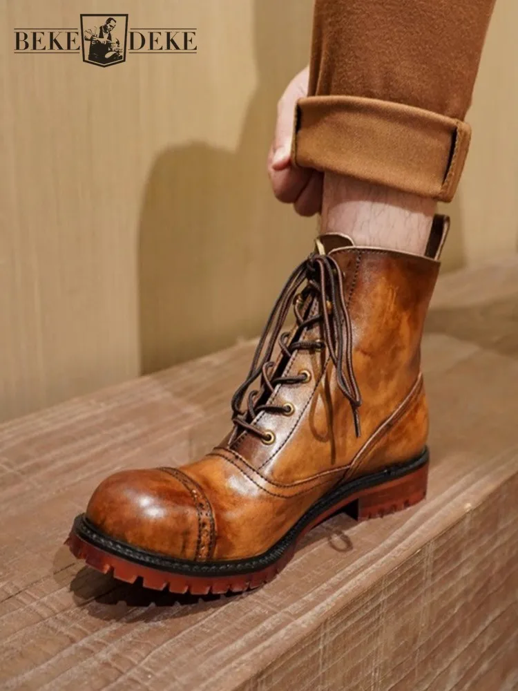 Vintage Herren-Stiefeletten mit runder Spitze und Schnürung, hohe Arbeitssicherheitsschuhe, Rindsleder, echtes Leder, Stiefeletten, britische Motorrad-Reitstiefel