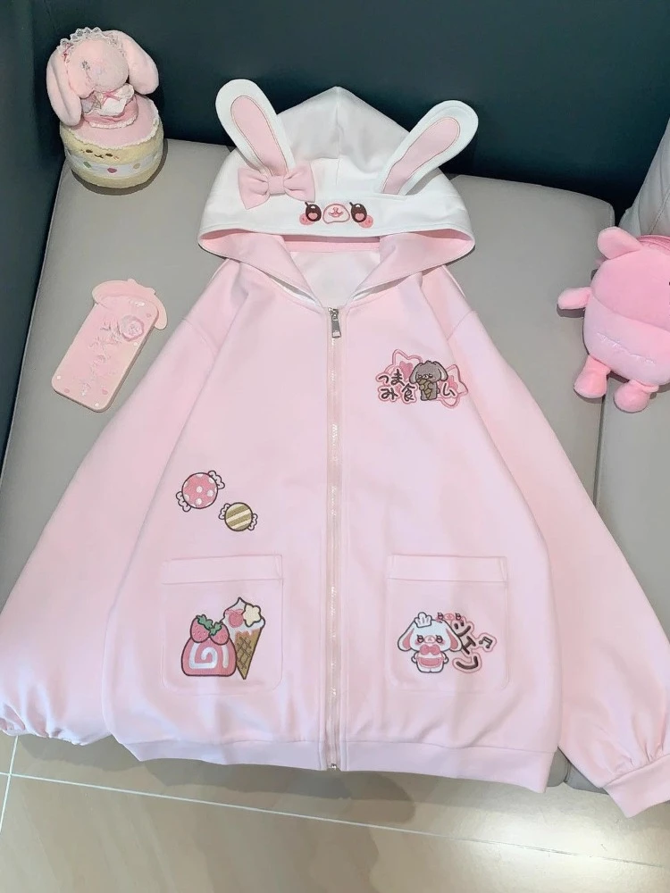 

Japanese Sweet Pink Hoodie Women Autumn Kawaii Cartoon Embroidery Zipper Long Sleeve Jacket Cute Patchwork Casual Loose Clothes