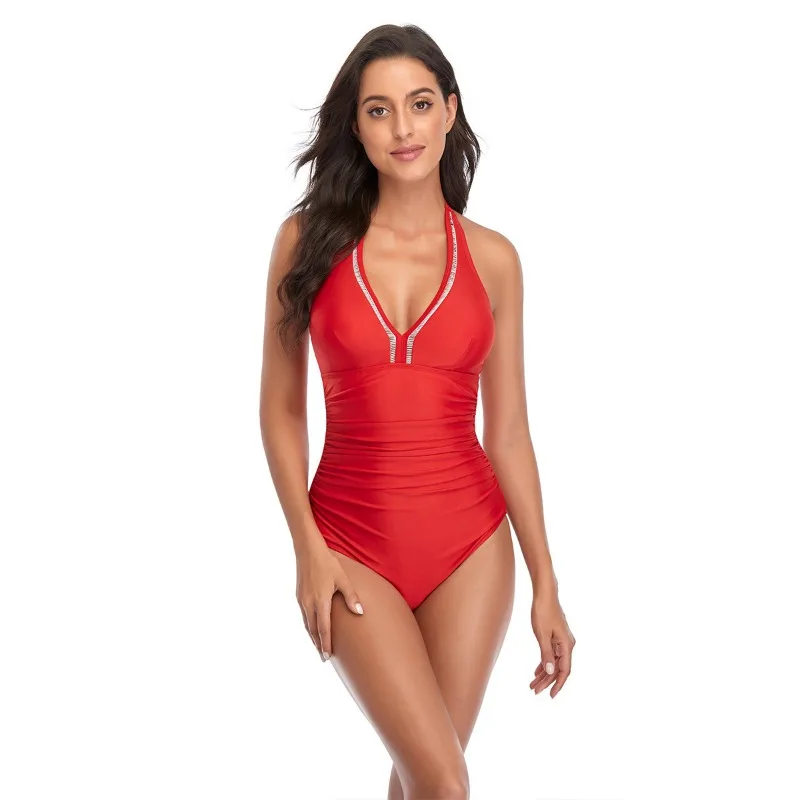 Solid Color One-piece Swimsuit V-neck Lace-up Bikini Women's Hollow Conservative Swimsuit One-piece Conservative Beachwear