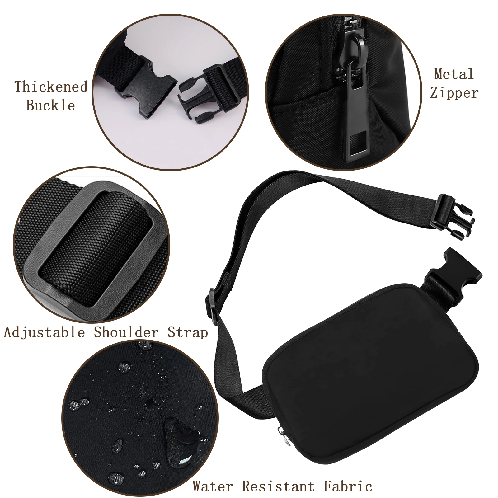 Riñonera de viaje para deportes al aire libre, bolsa de cinturón ajustable, riñonera informal de Color negro sólido, mismo estilo para mujeres y