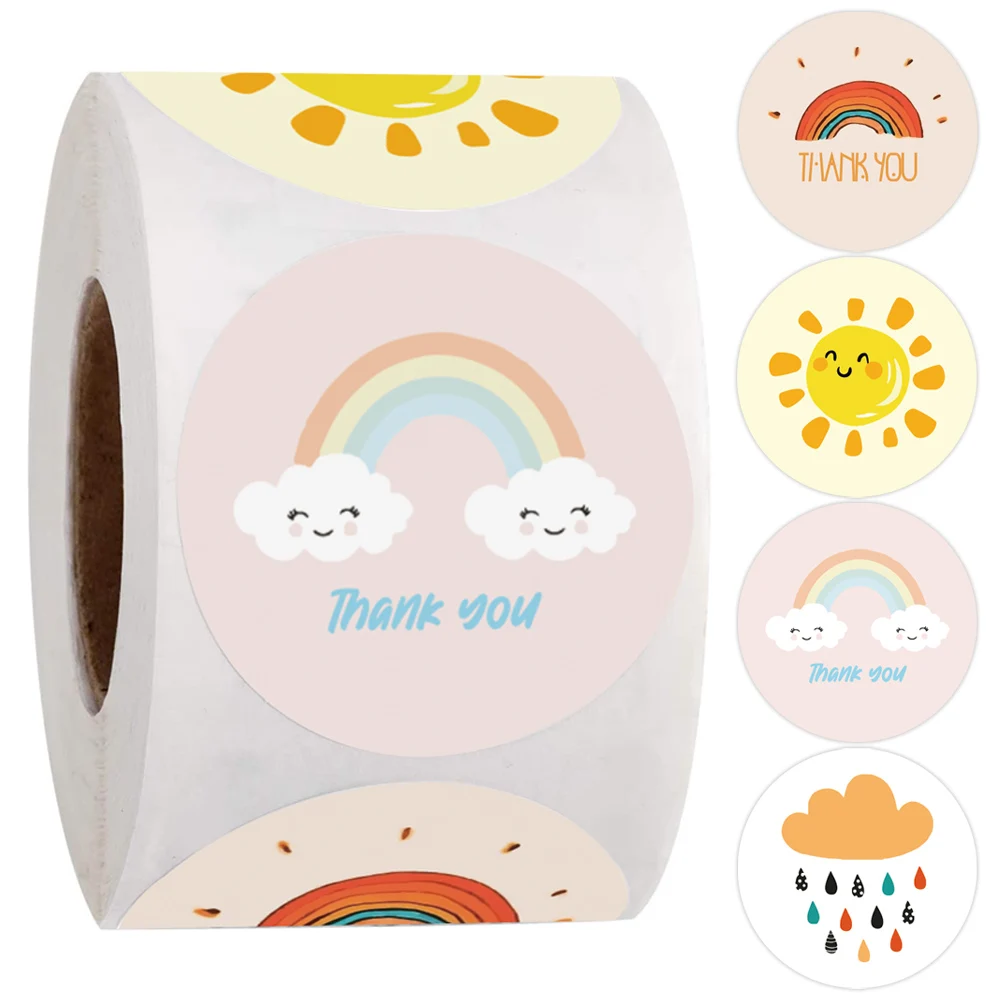 50-500 Pcs Round Cartoon Thank You Stickers Cute Sun Rainbow Clouds Sticker For Handmade Gift Decor Labels Kids Reward Stickers