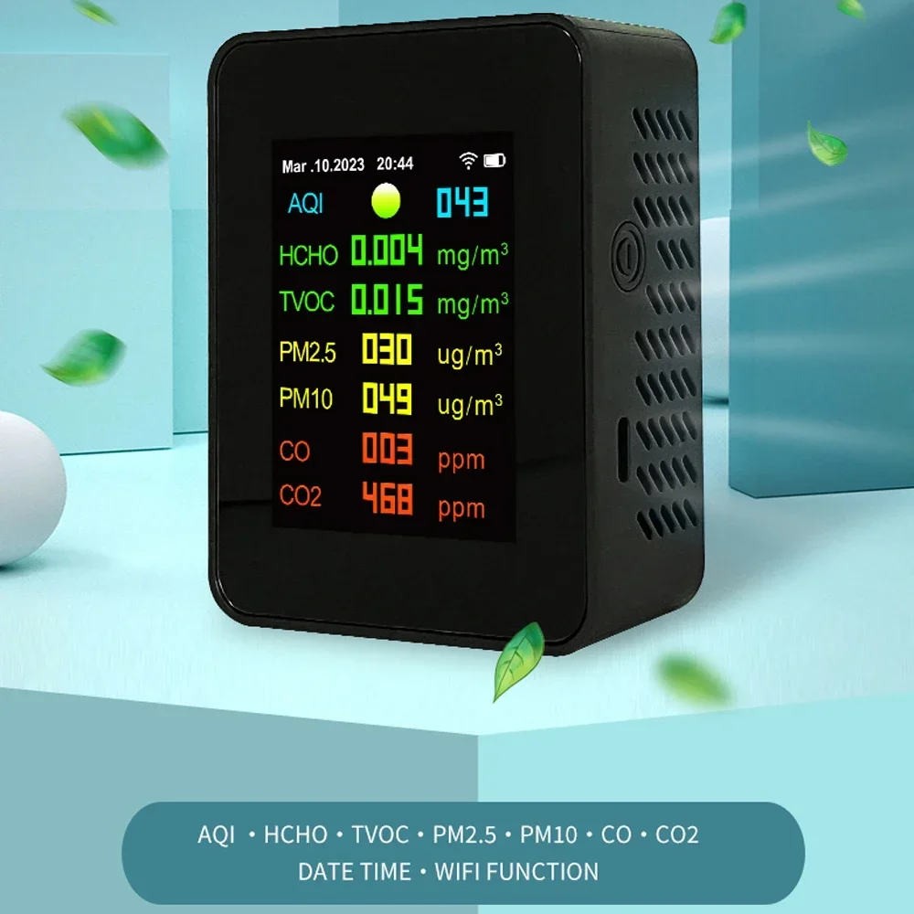 

Tuya Wifi Portable Air Quality Meter 7in1 PM2.5 PM10 Carbonic Oxide Carbon Dioxide TVOC HCHO AQI Tester TFT Color Screen Carbon