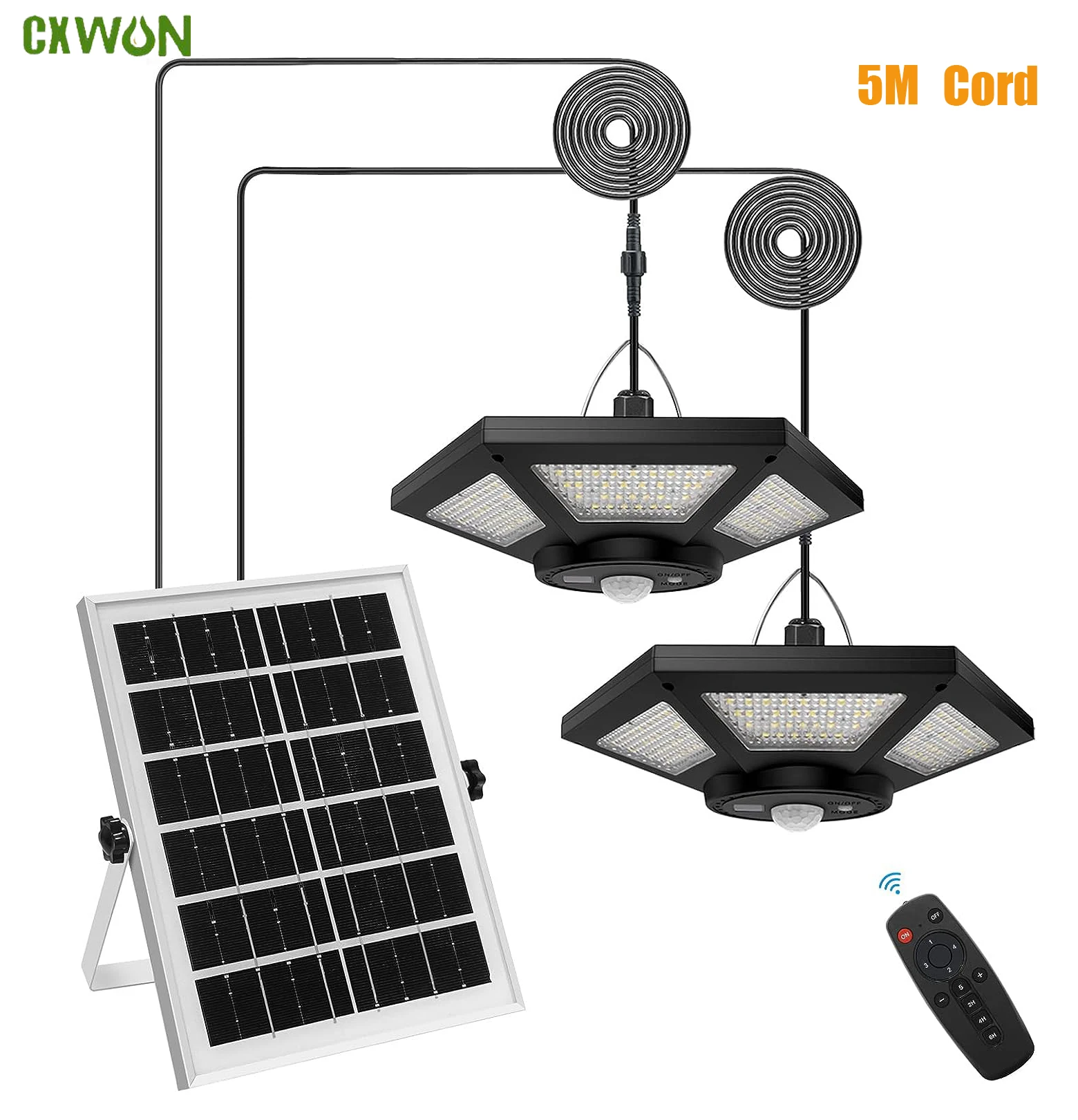 Luces de cobertizo solares de doble cabeza con Sensor de movimiento para interiores y exteriores, luz LED colgante de línea de 5M, control remoto