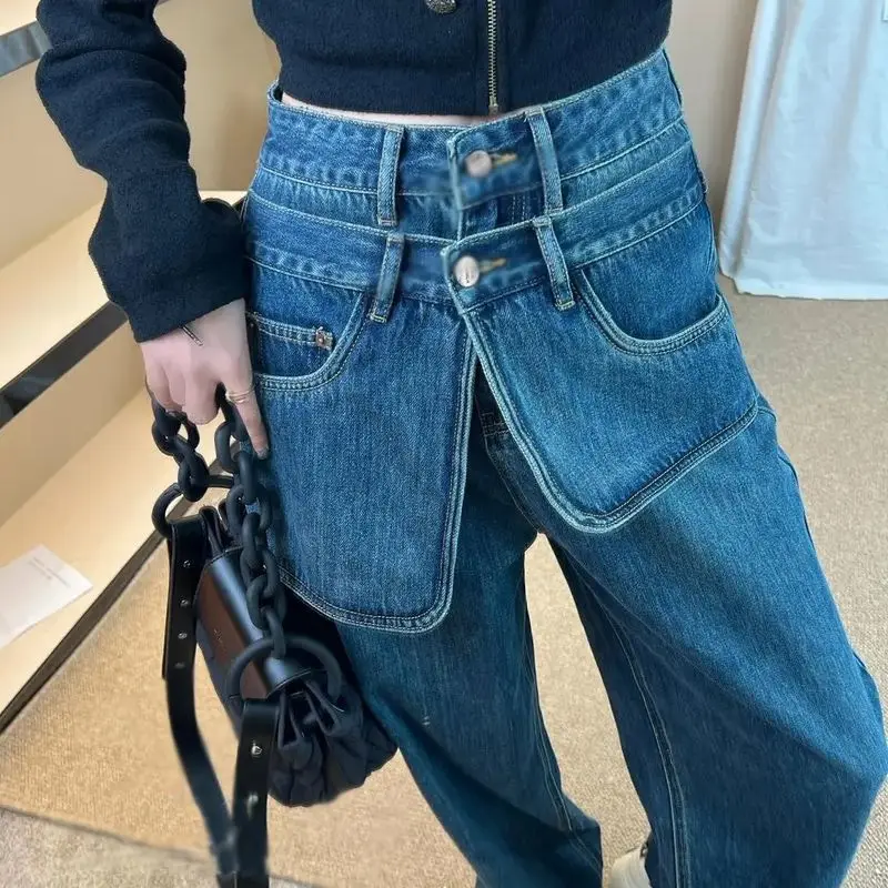 Jeans Big Pocket Patchwork Special Vintage Women Attractive Delicate Basics Korean Style Young Prevalent  All-Match New Jeans