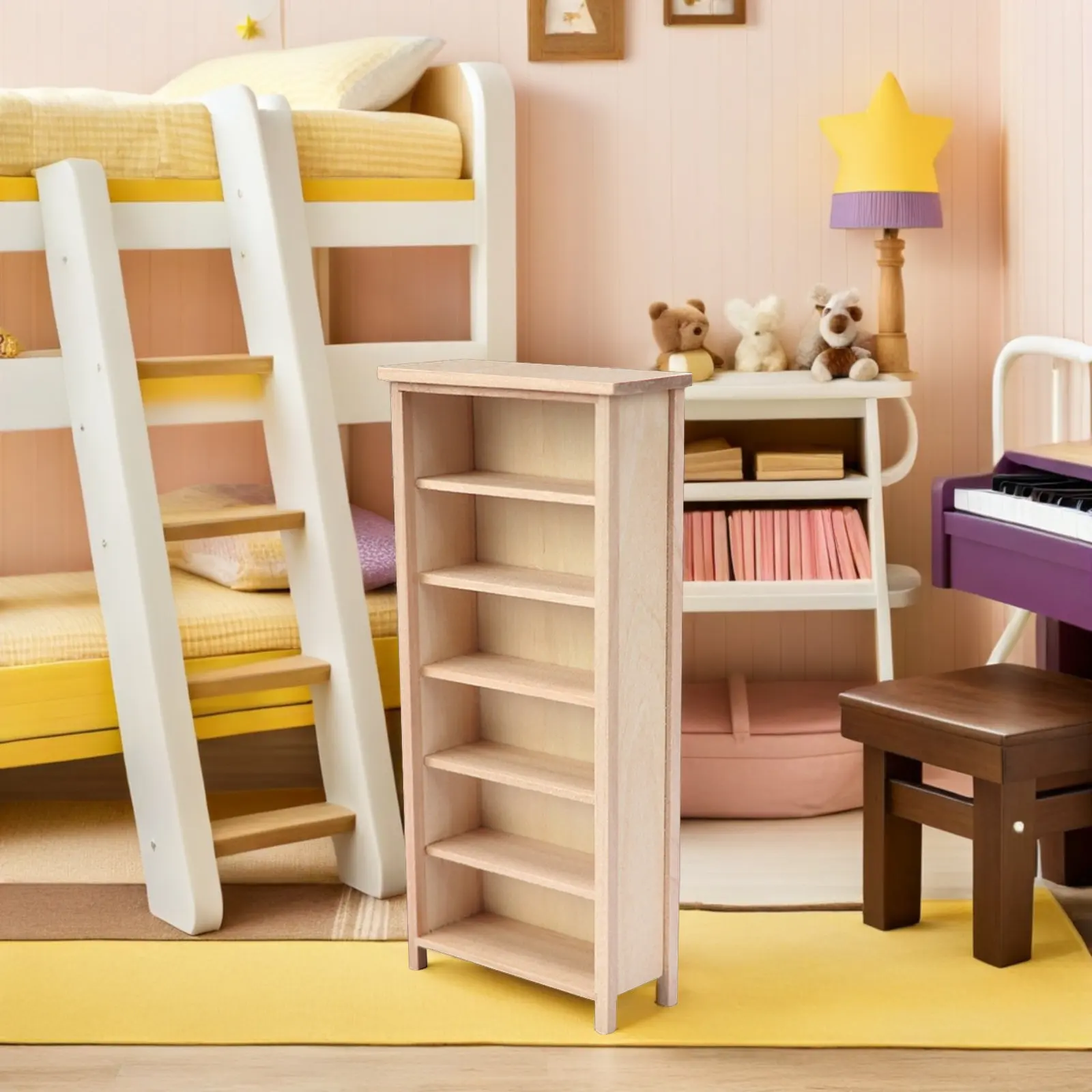 

Mini Wood Vertical Bookcase Sturdy Environmental Friendly Mini House Ornament Miniature Furniture DIY Project Decoration