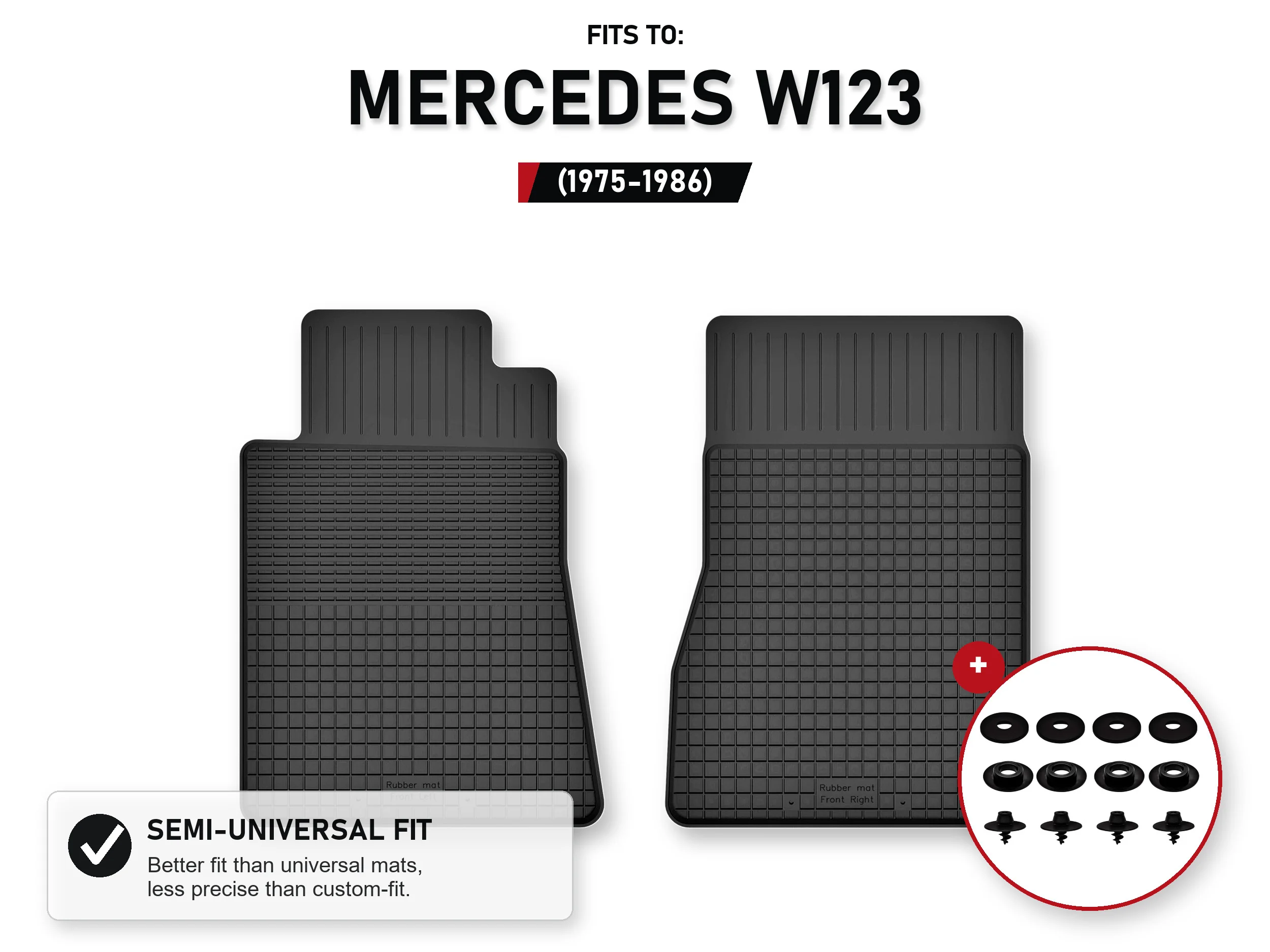 Voorste tapijten voor: Mercedes W123 1975-1986 Sedan, Station Wagon met stoppers