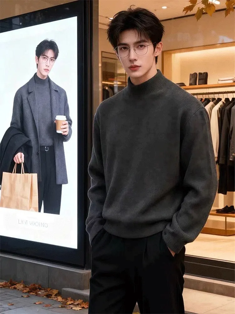 

Deep ey Men's Knitted Sweater f High Collar Fce Lined Slim Fit Warm Casual Inner Wear for Autumn Winter