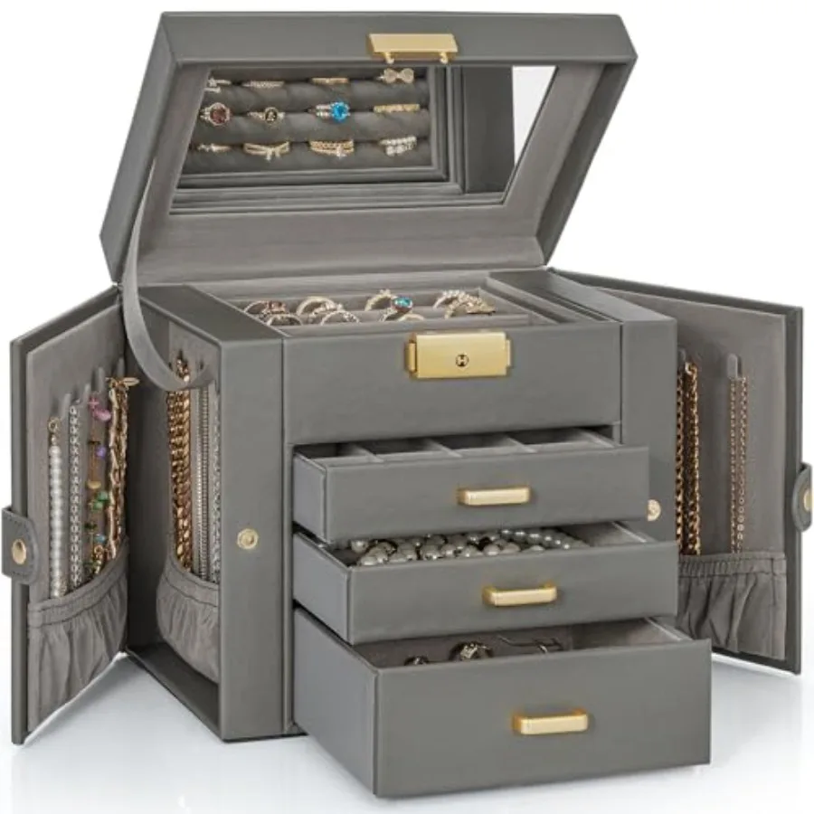 

4-Tier Jewelry Box Leather Jewelry Storage Organizer with 3 Drawers Lockable for Women Girls Ring Necklace Earring Bracelet Hol