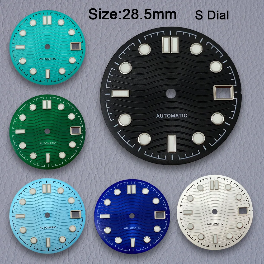 28.5mm S 로고 다이얼 NH35/NH36/4R/7S 일본 무브먼트 녹색 빛나는 고품질 다이얼 시계 수정 액세서리