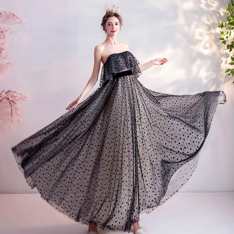 Black Polka-dot Evening Dresses Elegant New Strapless Backless Sexy Prom Dress Simple Long A-line Suknie Wieczorowe Customized