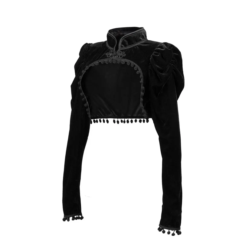 Mittelalterliche Steampunk-Jacke, Schwarze Quasten-Stehkragen-Kurzjacke, Damen-Gothic-Mantel, Nabelfreier Langarm-Retro-Slim-Fit-Mantel – Detail 3