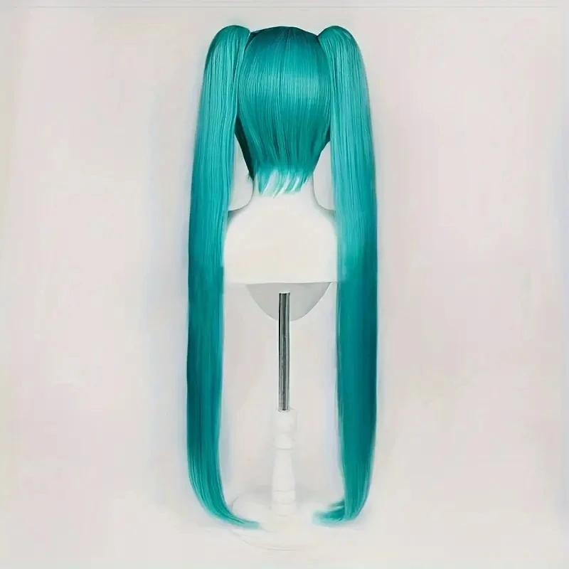 Synthetic medium-length blue mixed straight hair role-playing wig, featuring a double-curled ponytail, image 5