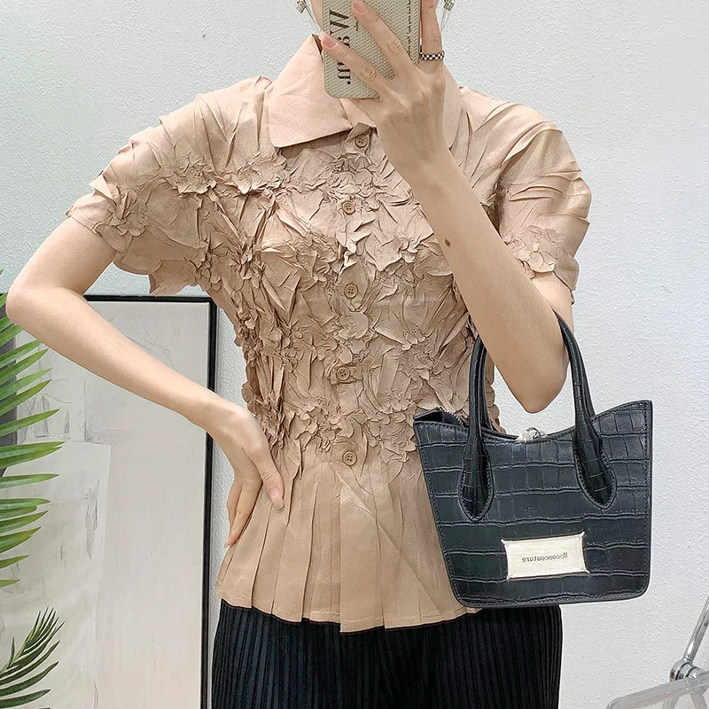 

Miyake плиссированная женская одежда, новинка лета 2025, пышные рубашки с короткими рукавами, повседневная однобортная тонкая блузка с лацканами, топы