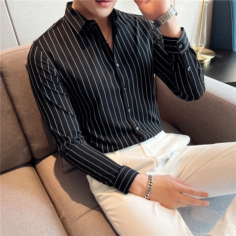 

2024 Men Stripe Shirt Brand Male High Quality Long Sleeve Shirts Casual Slim Fit Black Man Clothes Dress Plus Size S-4XL