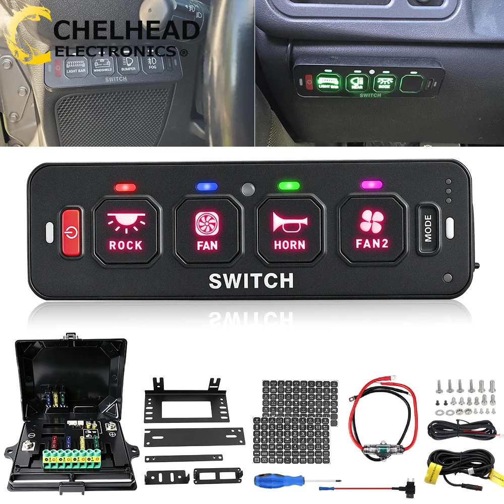 4 Gang 12V 24V Universal RGB Controller Switch Panel Box, Car Interior Accessory for 4x4 Offroad Boat ATV Truck SUV RV UAZ